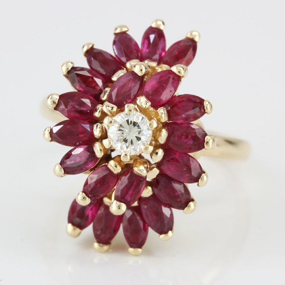 Vintage 14k Yellow Gold Diamond & Marquise Ruby Swirl Anniversary Cocktail Ring